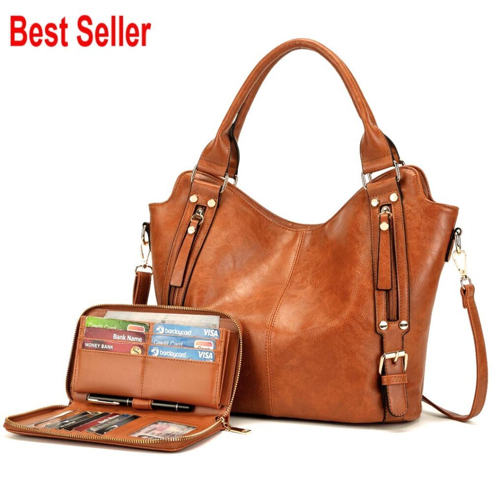 Large Hobo Purse PU Leather Crossbody Bag with Wallet Set 2PCS